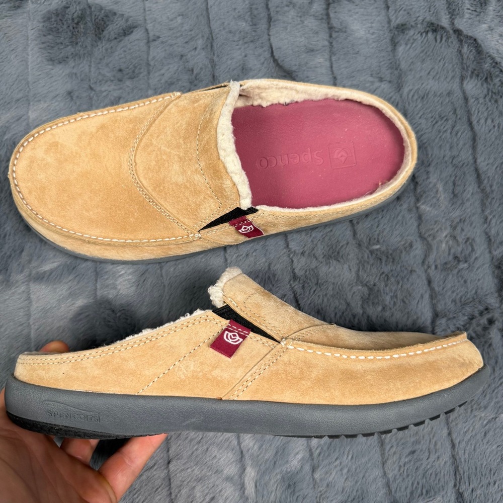 Spenco Siesta Tan Suede Faux Shearling Lined Orthotic Mule Slippers Womens 9